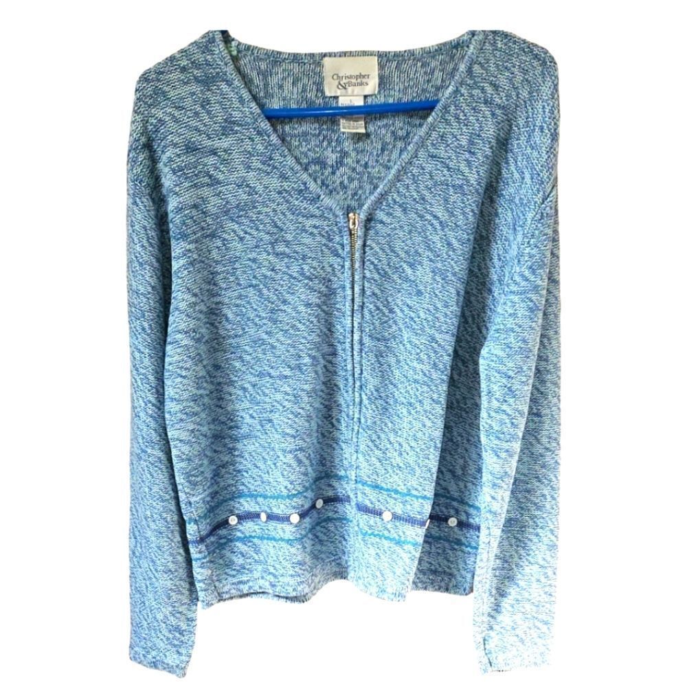 CHRISTOPHER & BANKS Warm longsleeveblue & white speckled zip-upโv- neck Sweater - Picture 4 of 16